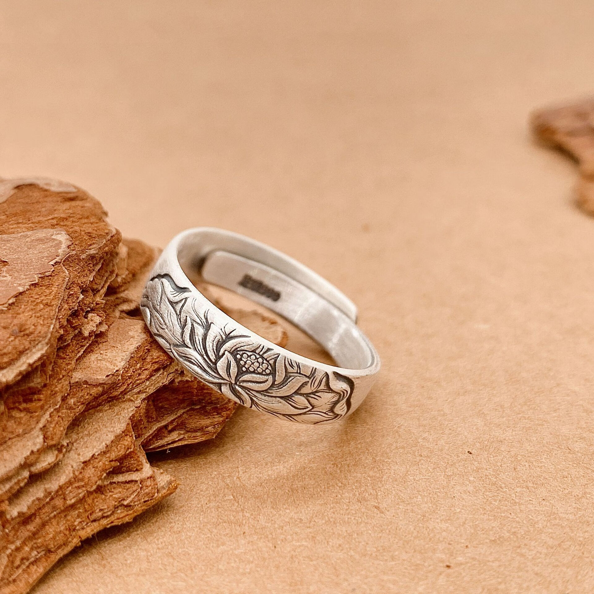 郎恋珐琅工艺银戒指足银999国潮复古做旧莲花闭口烤蓝戒指 莲花戒指