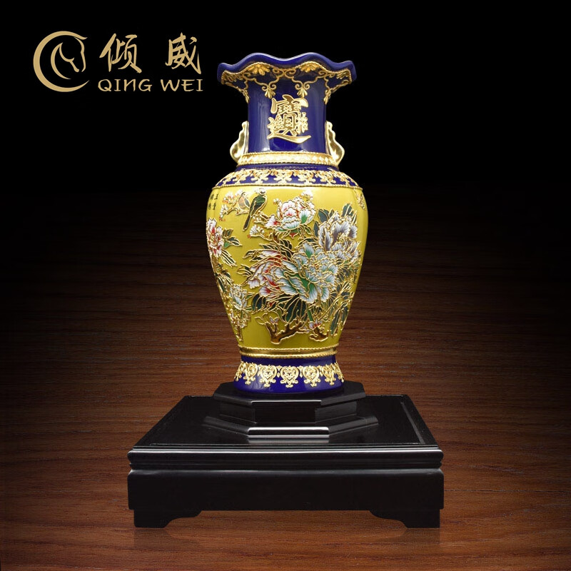 倾威高档金箔玉堂富贵花瓶摆件漆线雕工艺品轻奢乔迁新居礼品搬家礼物