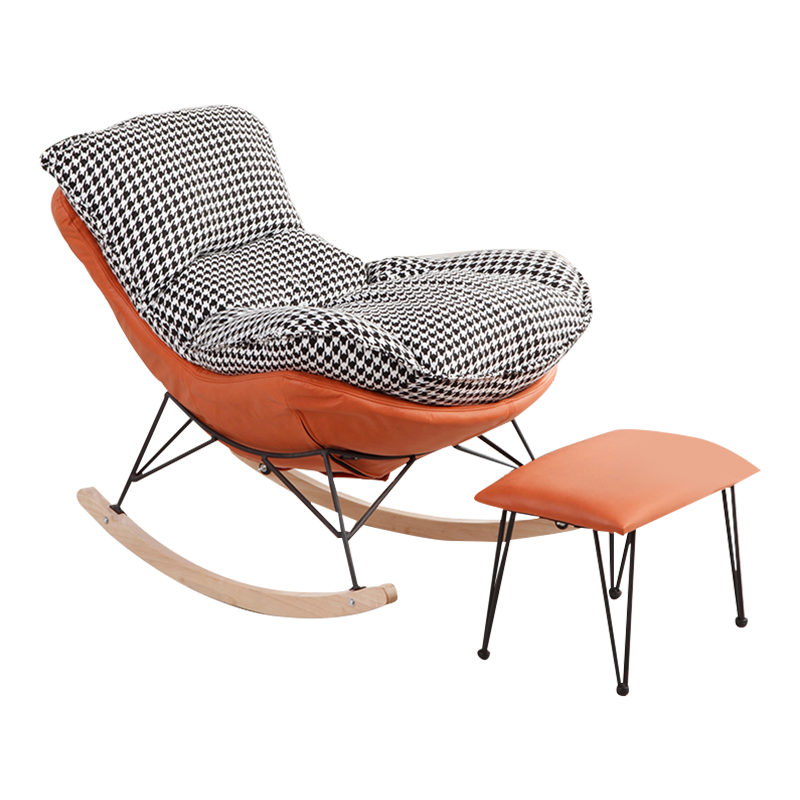 爱必居摇椅阳台贵妃躺椅大人家用休闲蜗牛椅网红懒人沙发摇摇椅特价款-千鸟格橙色底+脚踏