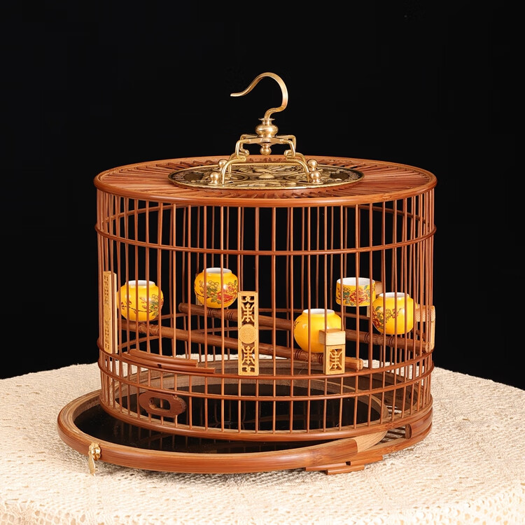 OEMG裝飾鳥籠竹制圓形鳥籠高檔精品鳥籠繡眼貝子靛頦黃豆鳥玉鳥珍珠鳥 抽屜在上，網(wǎng)格在下（高配） M-中型