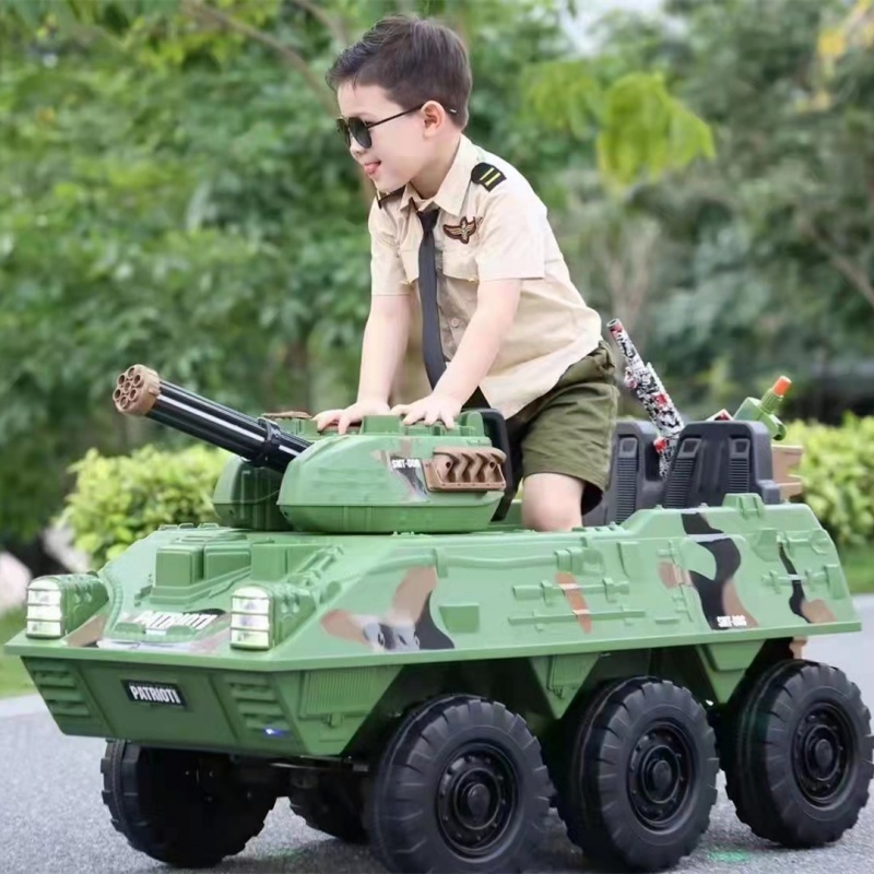 猎瑞儿童遥控坦克车可坐人电动六轮玩具装甲车男女小孩礼物大号 迷彩绿