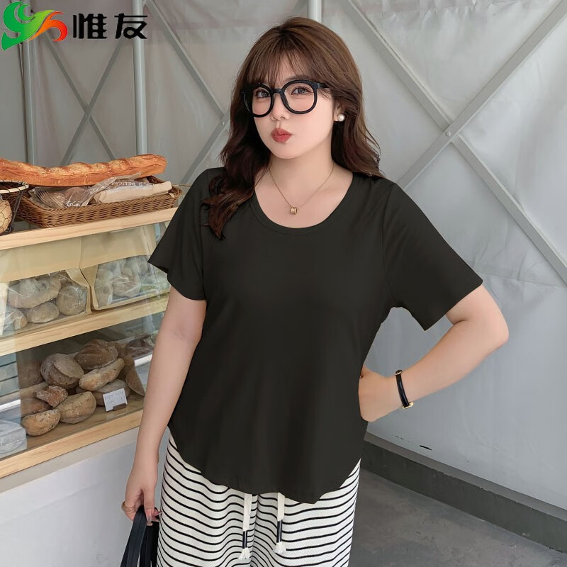 大码t恤女胖mm胖妹妹夏装大码女装休闲遮肉上衣 黑色 p1建议110-130斤