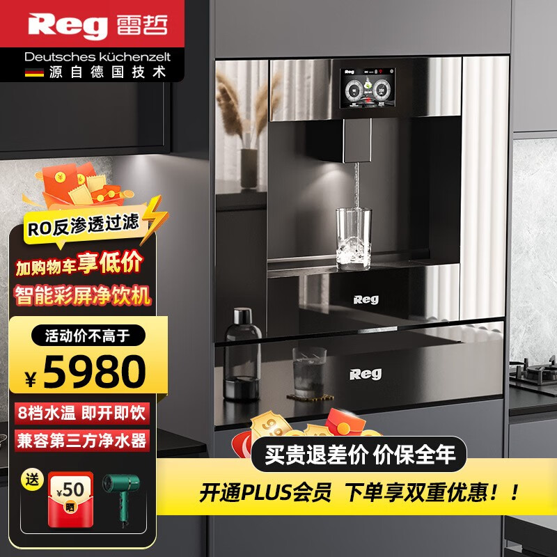 雷哲（Reg） V200嵌入式饮水机家用RO反渗透净水器即热式直饮机彩屏操作界面净饮一体机 V200嵌入式饮水机
