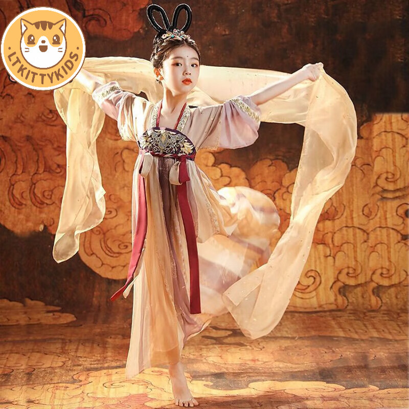 LTKITTYKIDS童装儿童汉服女童春秋中国风超仙气斗篷古装飞天敦煌公主裙中国风 月牙紫+米色披帛 120码属于什么档次？