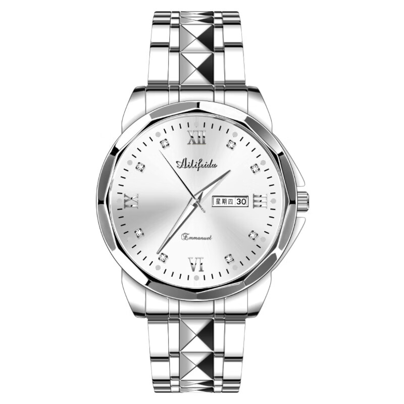 oruss瑞士品质钢带机械石英手表男士双日历手表男防水