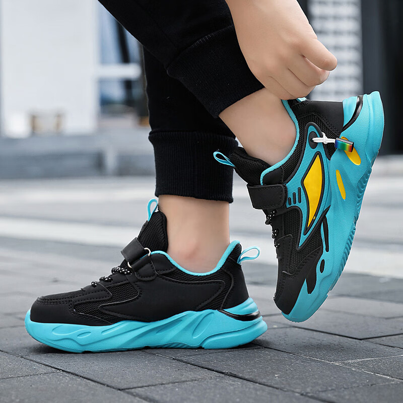 贝天熊童鞋春秋儿童运动鞋男女童轻便耐磨革面低帮鞋魔术贴网面运动鞋 YD1876黑月【双网】 28码 内长17.8/脚16.8