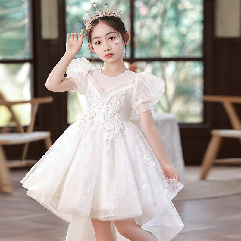 儿童拖尾晚礼服花童公主裙女童主持人婚纱蓬蓬纱女孩钢琴演出服夏