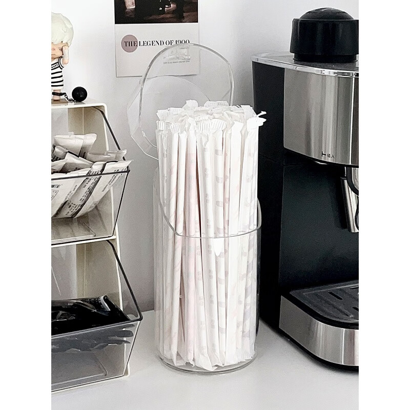 贾思德吸管收纳挂冰箱收纳盒奶茶勺子壁挂便携一次性吸管盒置物架吸管架 圆筒透明 送背胶