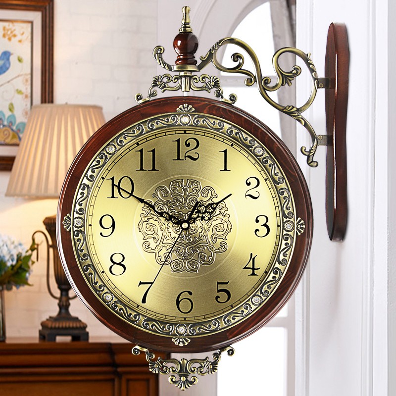 汉时（Hense）欧式双面挂钟客厅实木挂表创意经典两面时钟美式古典石英钟HDS24 棕色实木