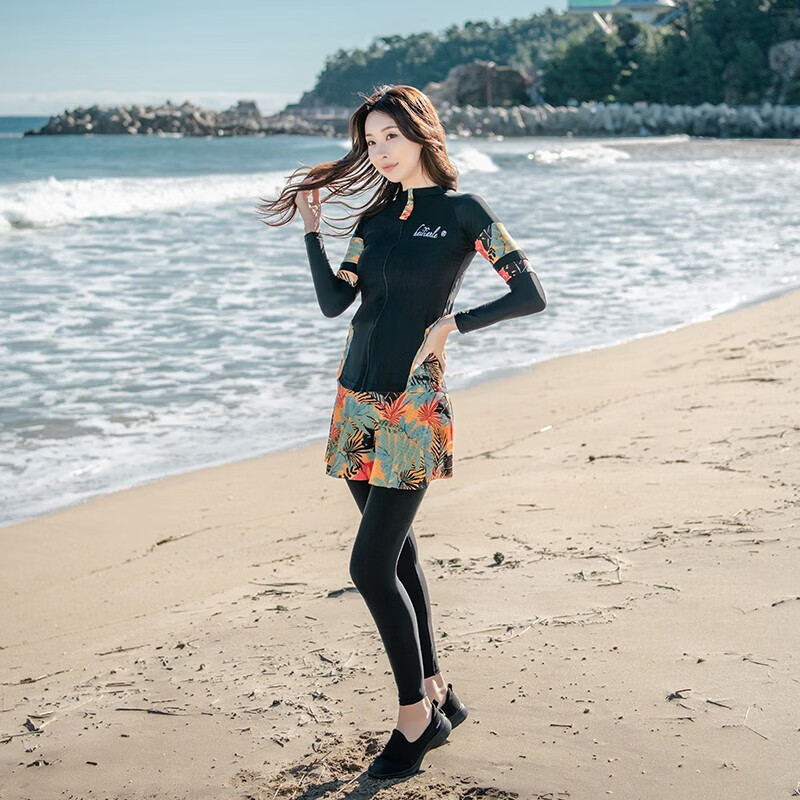 追浪魚潛水服女分體長袖長褲游泳衣女防曬速干情侶男女水母衣浮潛服套裝 女款 五件套 M
