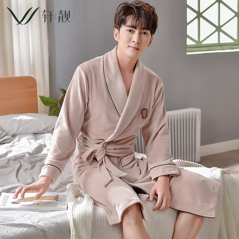 轩靓海岛绒情侣睡衣秋冬加厚长款睡袍女冬珊瑚绒大码男士保暖浴袍 98177杏色 2XL 