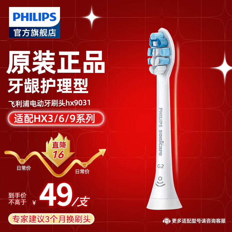 飞利浦（PHILIPS） 电动牙刷头适配HX6511/HX6730/HX6761/3226 HX9031 G2牙龈护理型 1支