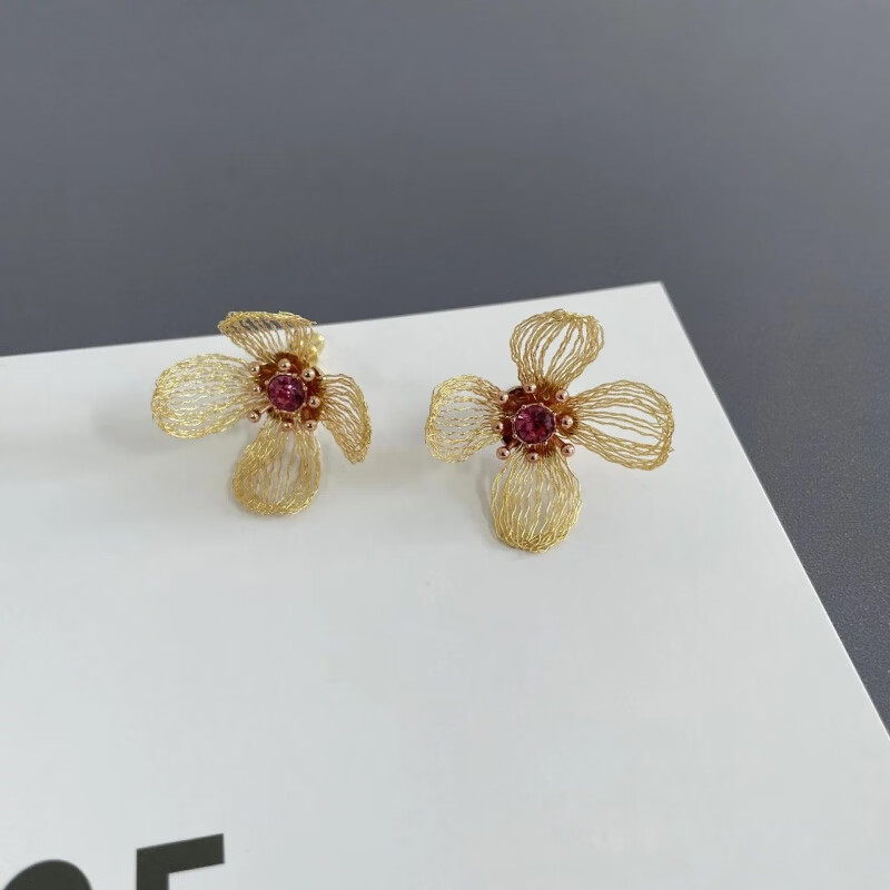 佩曼 鸢尾花饰品 清新甜美耳钉手工编织铜丝花卉耳环彩色花朵耳饰