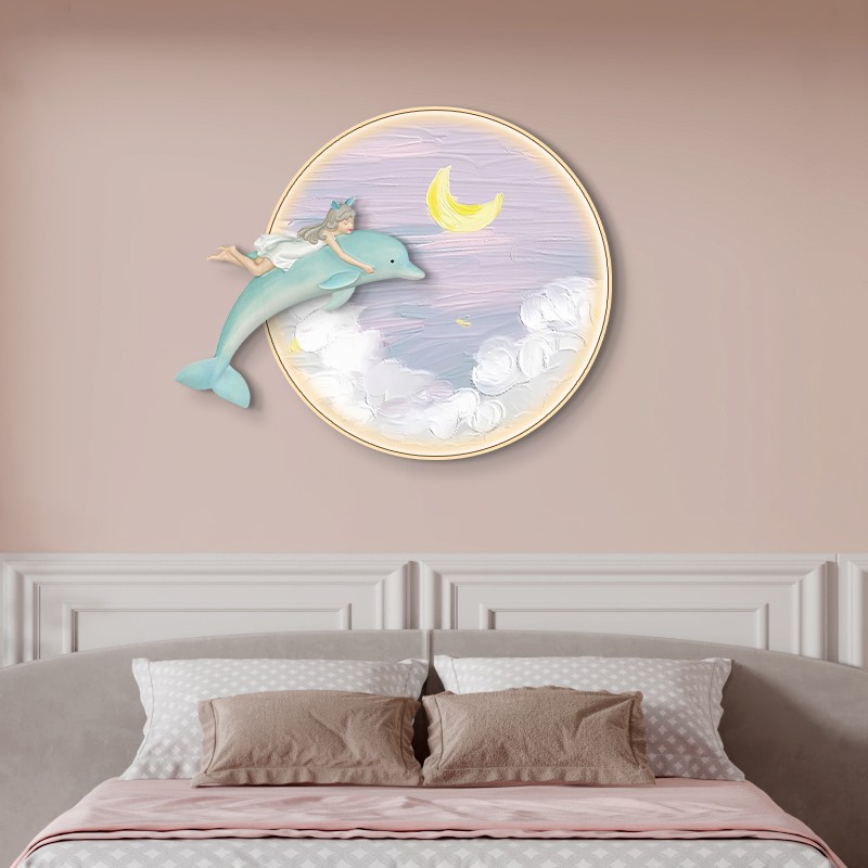 海豚女孩圆形床头壁画创意实物挂画 梦幻童趣a款  直径60cm 海豚挂件