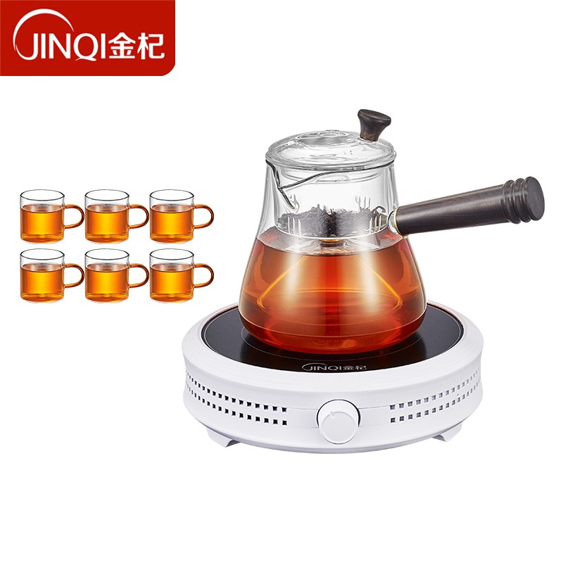 金杞（JINQI）整套电陶炉玻璃蒸茶器煮茶壶套装高硼硅玻璃内胆茶壶蒸汽家用泡茶炉 GL01-02M白色+侧把壶套装