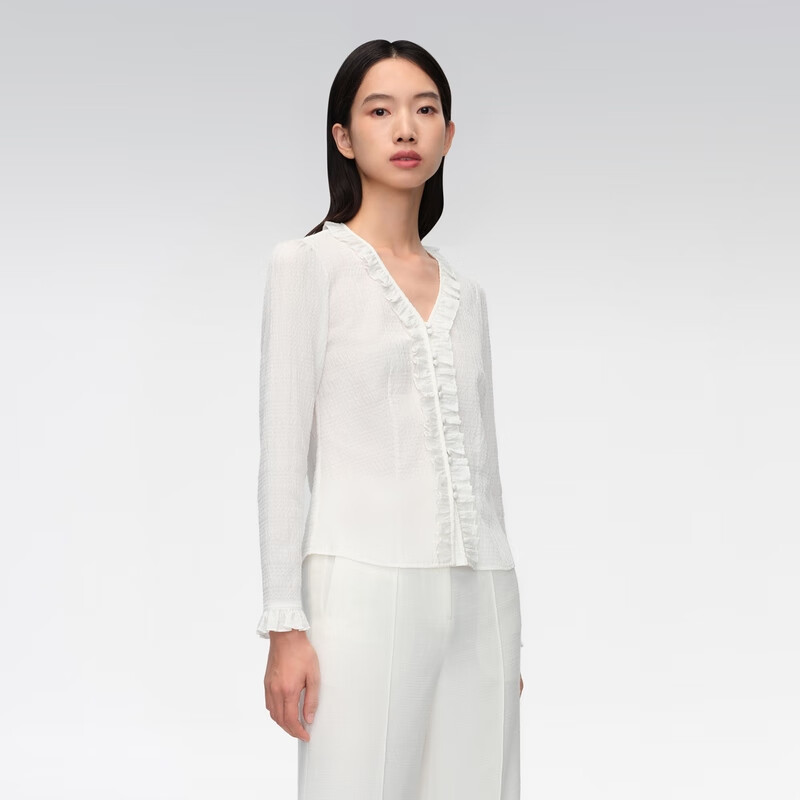OVV2024春夏新款女装弹力丝棉混纺花边V领泡泡肌理长袖衬衫 漂白(净色)04 L