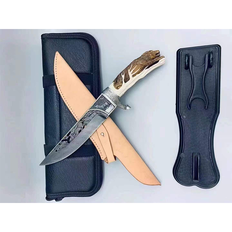 雨轩户外 小刀手工雕刻鹿角熊手柄收藏送礼刀具锻造研磨刀身透雕小熊