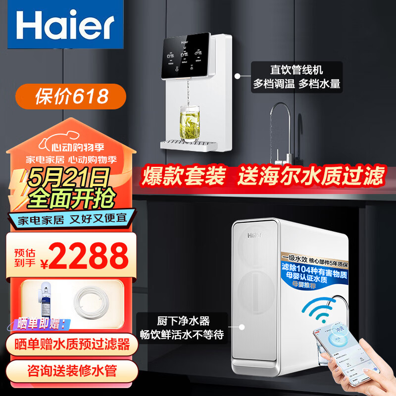 海尔（Haier）【升级套装】 净水器家用净水机RO反渗透纯水机大通量过滤一体加热厨下净水器管线机全屋净水套装 人气镇店款套装一（小贝净水器+2207管线机）