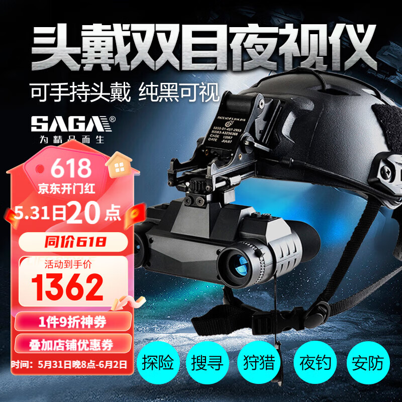 萨伽（SAGA）头戴头盔数码红外线夜视仪电子望远镜便携头带非热成像双目大屏 夜视仪标配+头盔