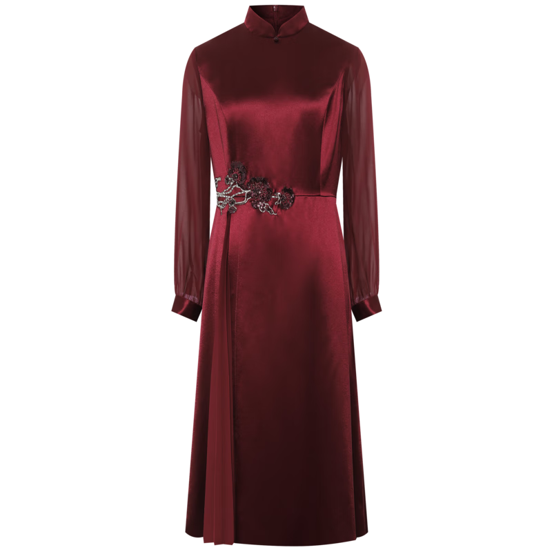 粉藍(lán)衣櫥東方感旗袍刺繡連衣裙喜婆婆日常輕禮服【國風(fēng)醋酸禮服裙】 楓葉紅 XL