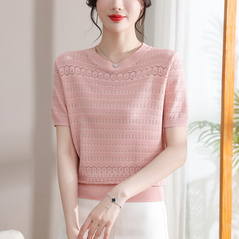 歌米拉（Gemila）薄款镂空冰丝短袖T恤女针织夏季新款小个子短款凉感高档上衣 粉色 M 100-110斤