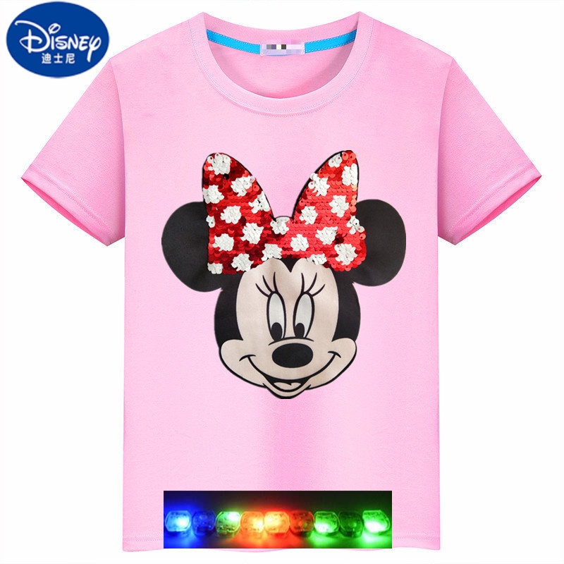 迪士尼米奇女童装带灯t恤米老鼠儿童米妮女宝宝亮片短袖大童发光衣服