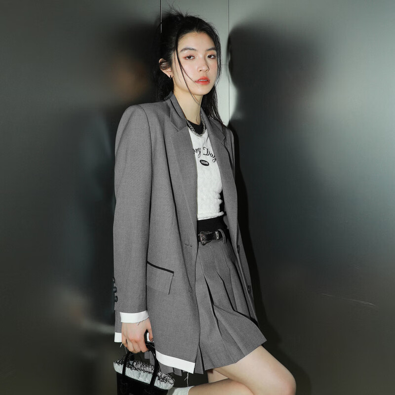 乐町时尚休闲外套通勤百搭秋季新款简约廓形西装C1BAD3402 灰色(现货) S
