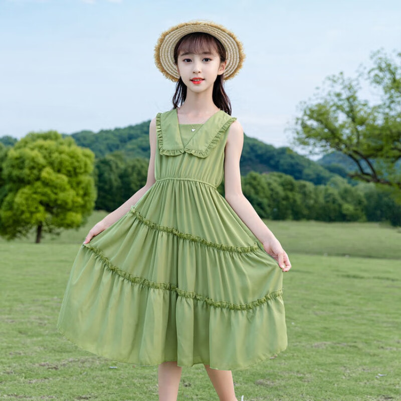 朋友穿好看女童连衣裙夏季新款时髦儿童公主裙洋气时尚9-13岁女 绿色