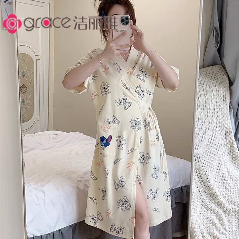 潔麗雅新款和服睡袍女棉質短袖浴袍日系薄款玉桂狗睡衣日式中長款睡裙夏 658 M