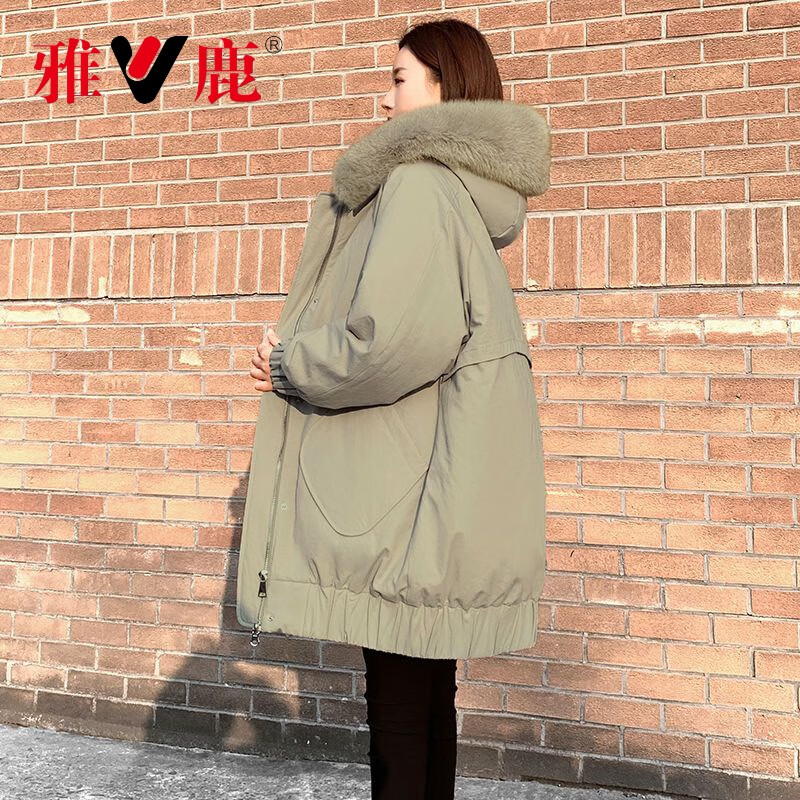 雅鹿派克棉服女中长款冬季2023新款宽松连帽显瘦加厚棉袄时尚保暖外套 灰豆绿 L 建议110-130斤怎么看?