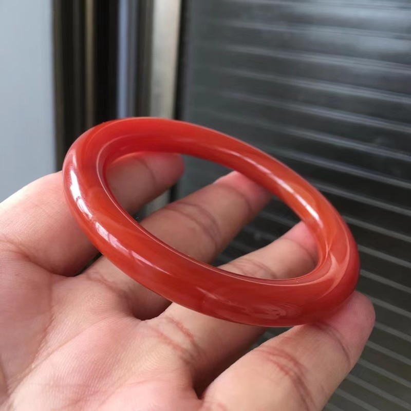 寻然川料南红玛瑙圆条手镯大圈口色彩艳丽满肉柿子红料子柔润细腻