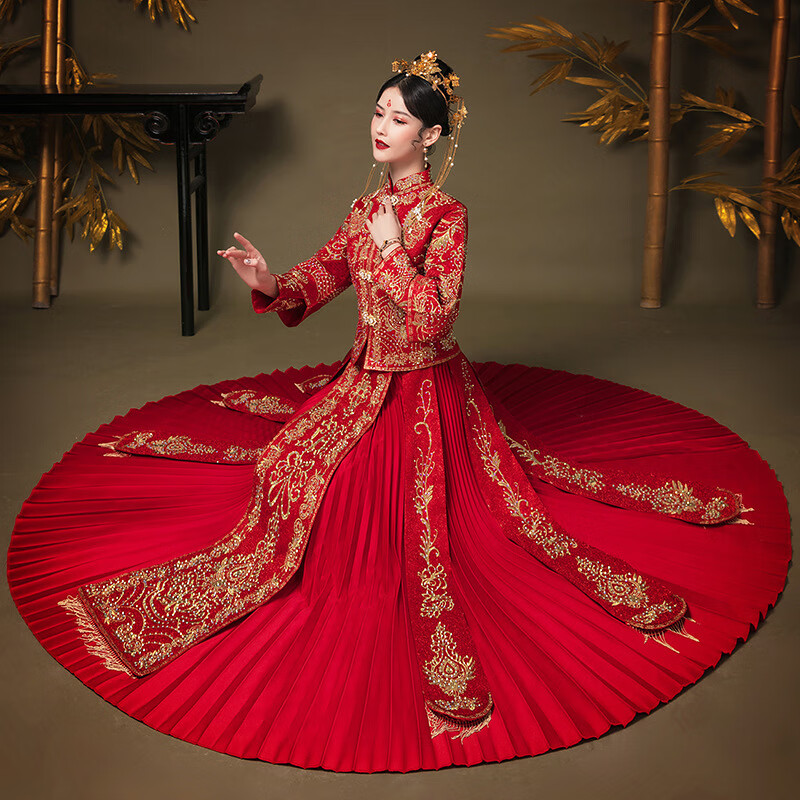 戴丽格秀禾服新款长袖加钻中式新娘服女孕妇结婚秀禾龙凤褂婚纱礼服