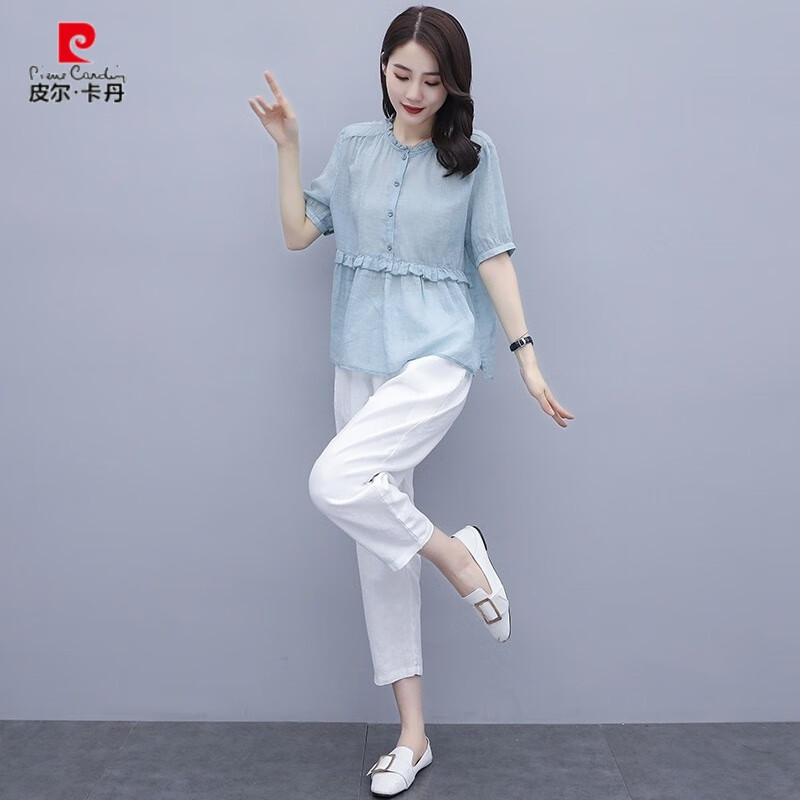 皮爾卡丹（pierre cardin）2024夏季新款時(shí)尚休閑女裝小個(gè)子高端亞麻兩件套洋氣減齡棉麻套裝 藍(lán)色 M(建議90-105斤 高品質(zhì))