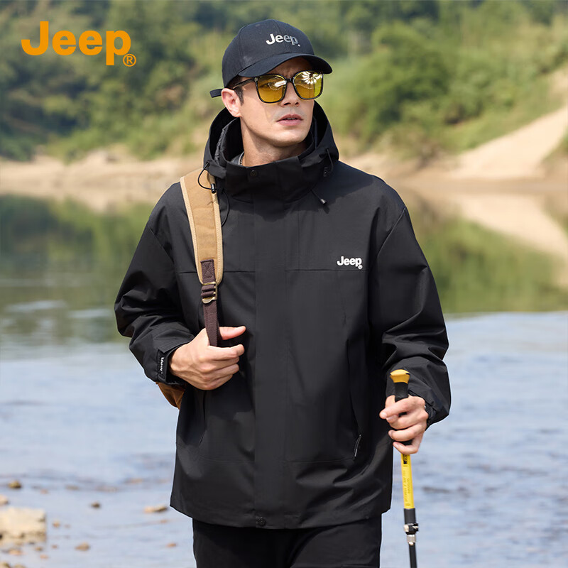 JEEP2025秋季新款冲锋外套男宽松连帽可拆卸夹克男户外山系开衫外套男