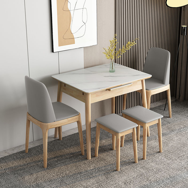 岩板餐桌家用小户型实木多功能伸缩折叠长方 原木色岩板推拉桌90*70cm