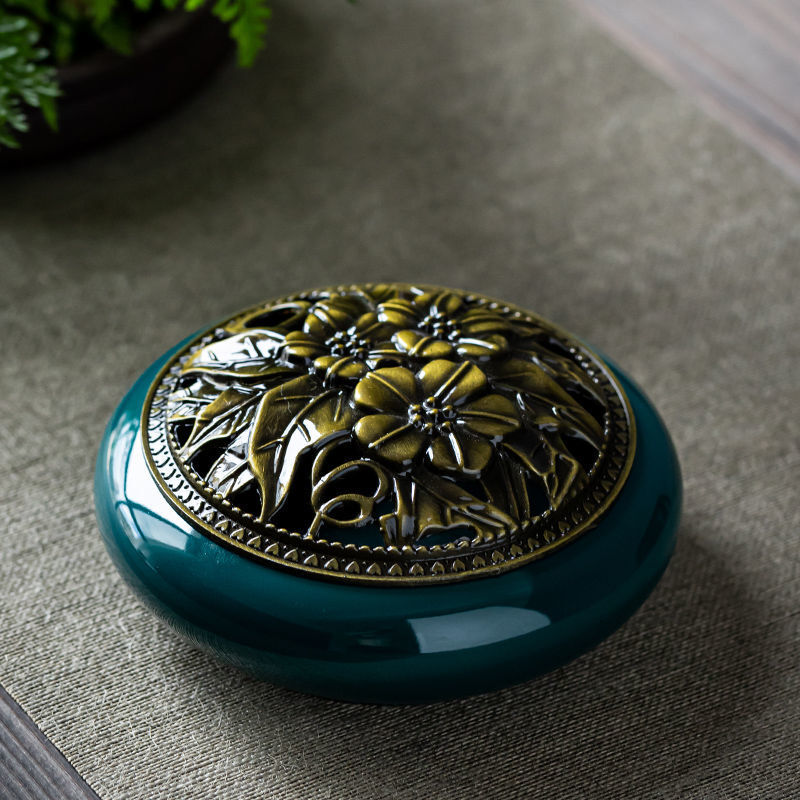 萌依儿香炉家用沉香熏香室内陶瓷焚香盒檀香蚊香供奉香插香薰盘香香薰的 大香炉墨绿+蚊香架 单炉+(香插+防火棉)