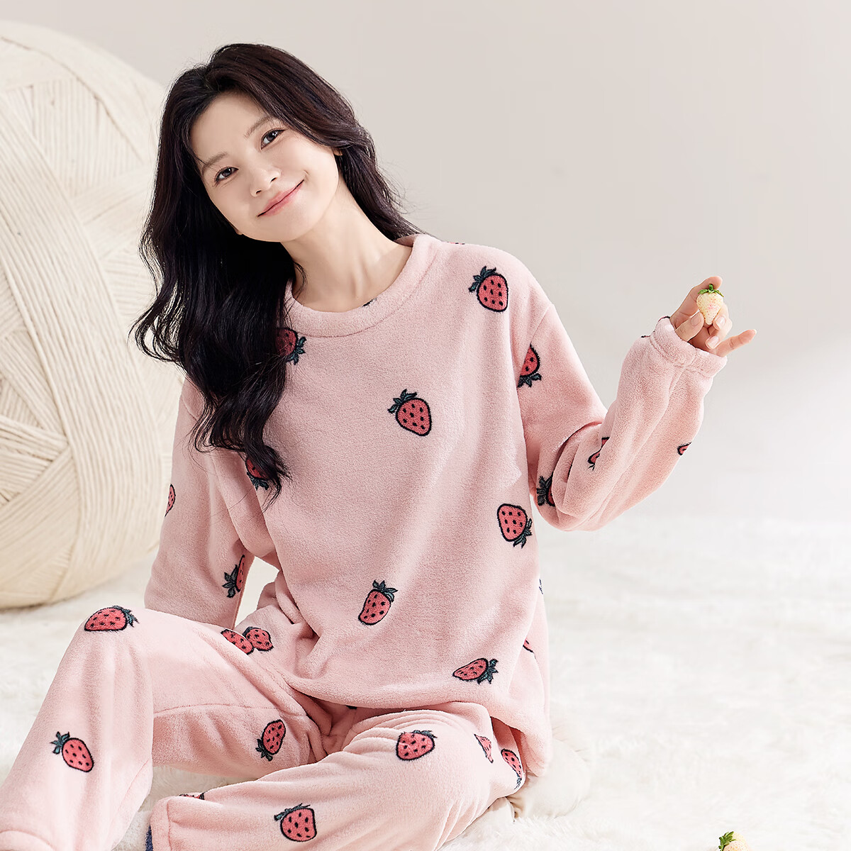 都市丽人女士睡衣女加绒冬季法兰绒加厚保暖圆领套头可外穿家居服套装女 【草莓法兰绒】粉色 XL