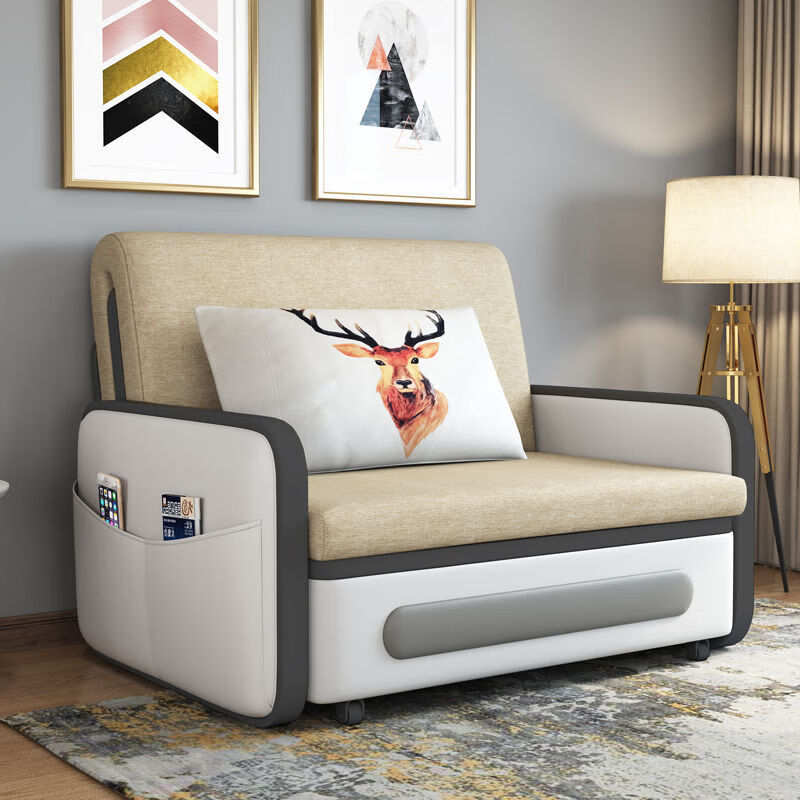 三世桃源沙发床可折叠坐卧两用多功能沙发二用小户型单人客厅沙发床可拆洗 白#米黄色 外宽0.88m护脊椰棕垫+储物