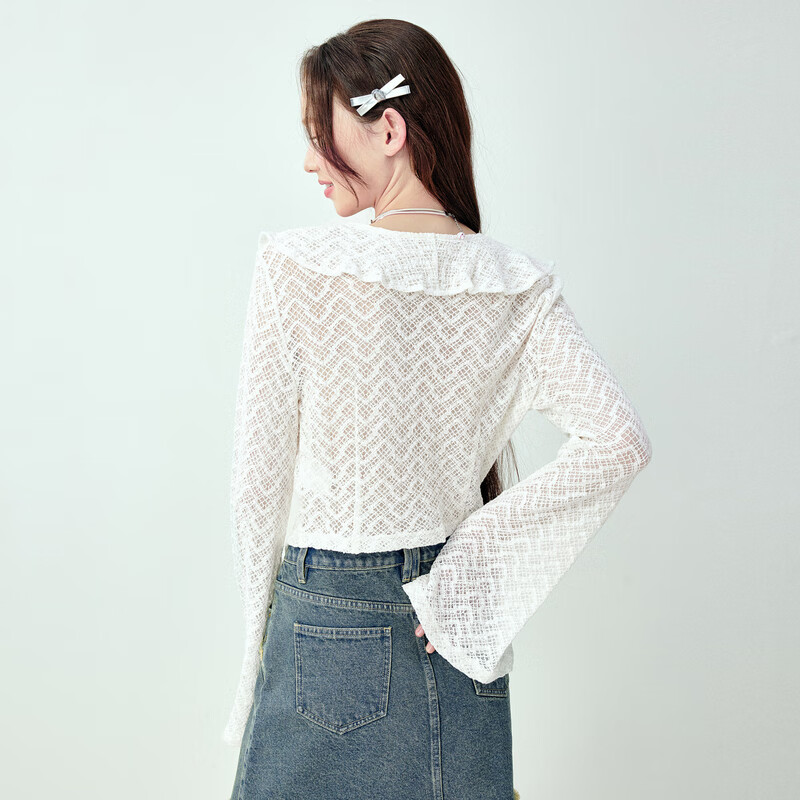 乐町甜美浪漫感木耳边设计蕾丝雪纺衫女夏季新款宽松天丝上衣 白色(现货) M