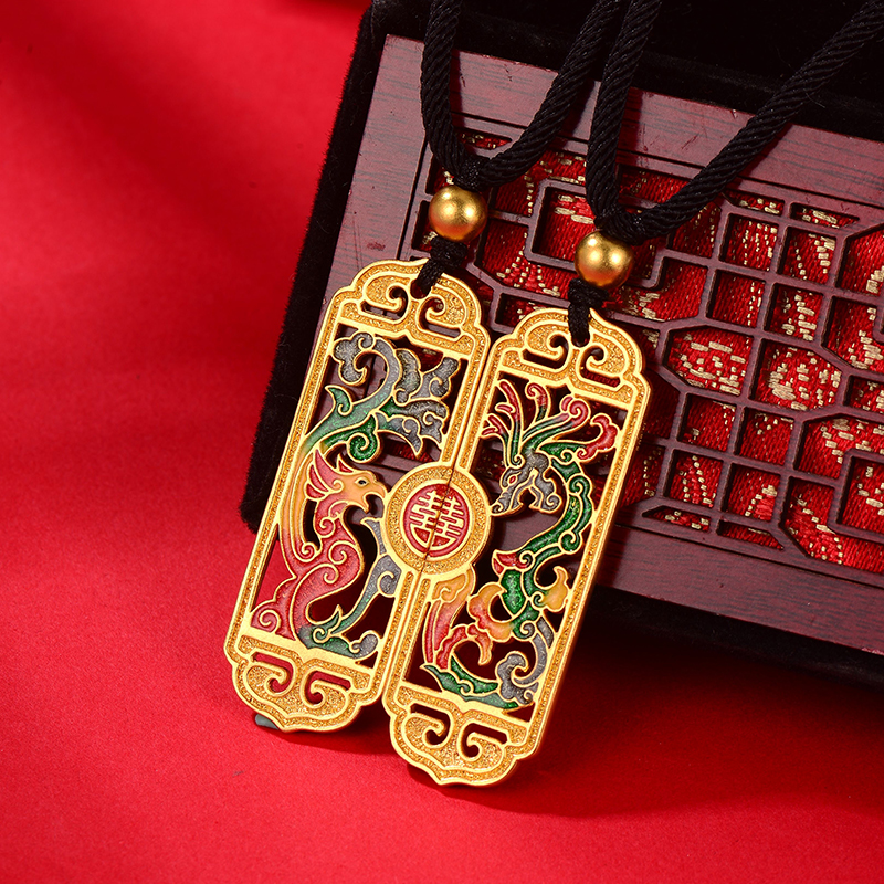 小腰金 黄金龙凤对牌古法烧蓝吊坠足金999情侣项链结婚礼物送新人黄金