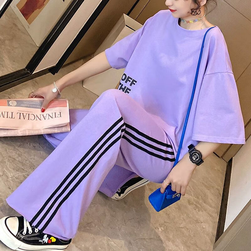 腿裤女小个子套装两件套休闲运动宽松减龄洋气2023夏季新款显高 紫色