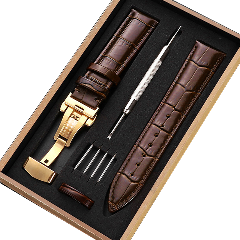 寶燦 真皮手表帶男女表帶適用于dw天梭浪琴卡西歐阿瑪尼天王華為西鐵城等通用蝴蝶扣表鏈 玫金自動(dòng)扣-淺棕色棕線(xiàn) 17mm