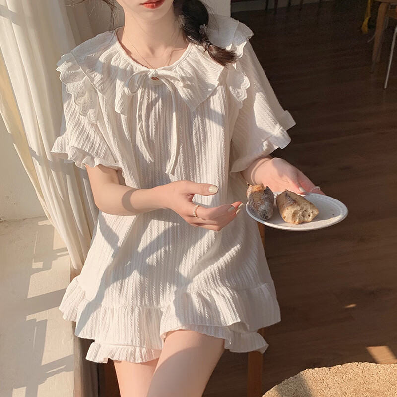 蔻诗瑶睡衣女夏季短袖短裤套装甜美少女生简约夏天休闲家居服套装可外