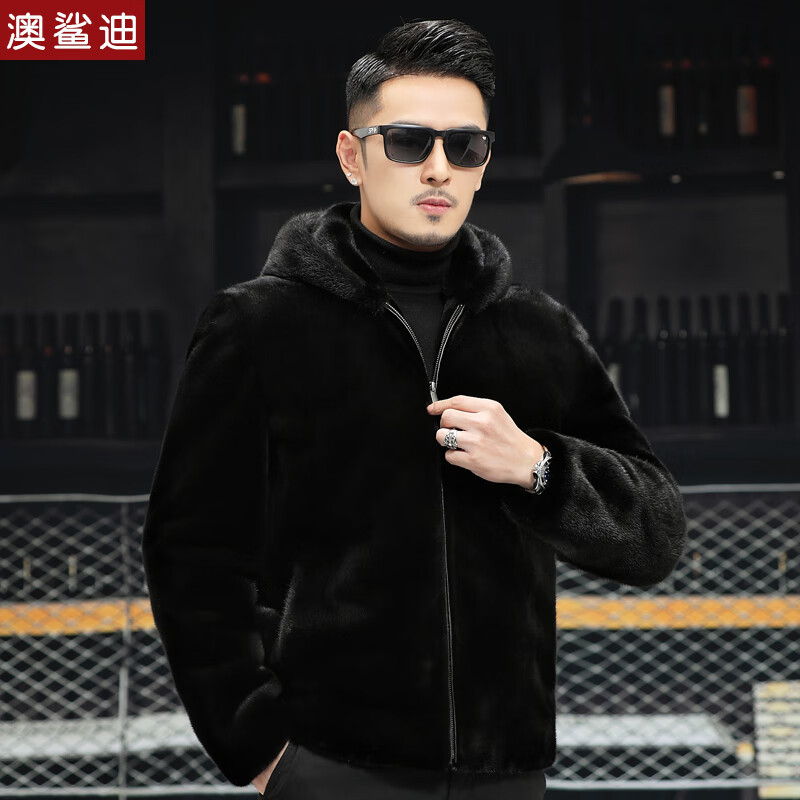澳鲨迪北美进口天鹅绒本黑水貂外套男士整貂貂皮大衣男装短款连帽夹克