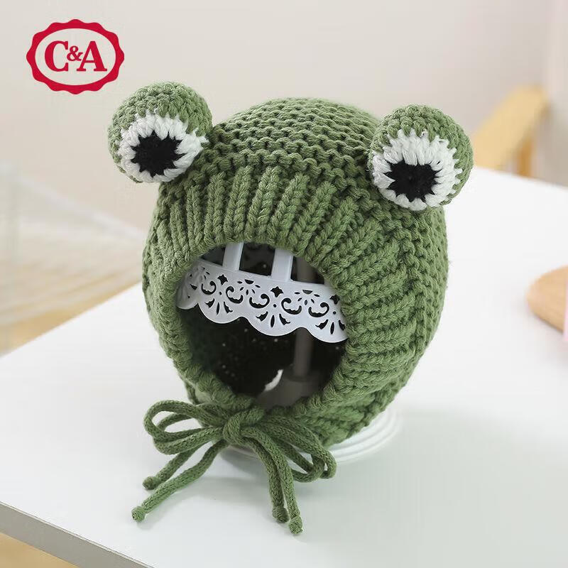 C&A宝宝婴儿童帽子秋冬保暖护耳手工针织可爱青蛙毛线帽 绿色 均码