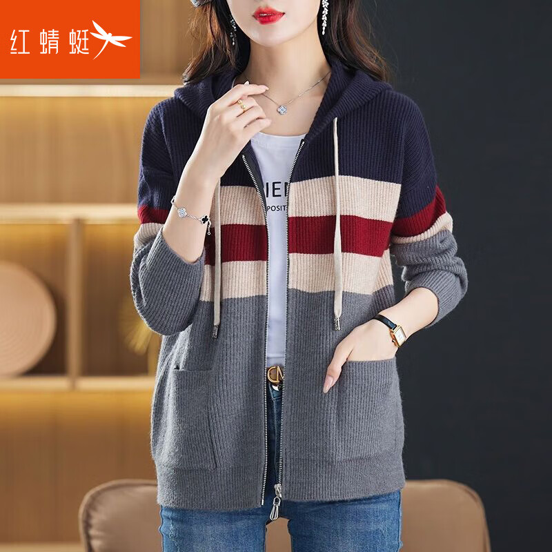 紅蜻蜓針織衫女線衣外套春新款連帽開衫女士寬松拼色毛衣外套針織 灰色長(zhǎng)袖 均碼 【適合80-145斤】