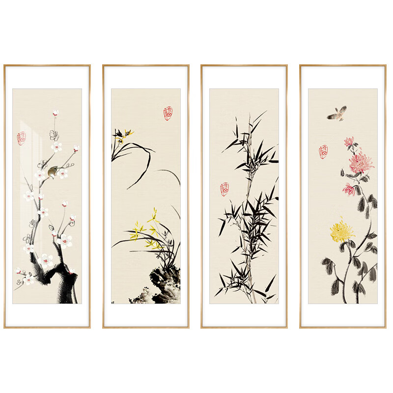 君闵梅兰竹菊客厅装饰画新中式餐厅沙发背景墙饭店包间挂画茶室四联画