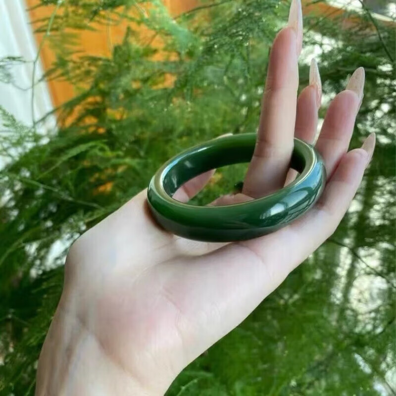 铭闽祖母绿手镯玉女年轻款玉镯菠菜绿和田碧玉墨绿色玉石镯子 51-52