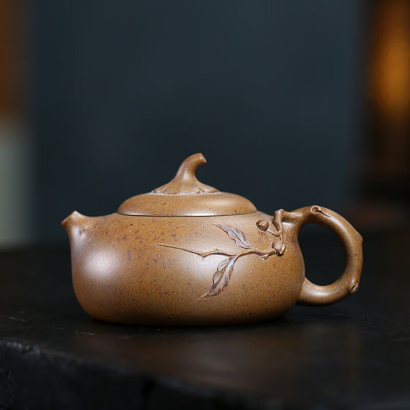 吉羊 宜兴柴烧紫砂壶纯全手工茶壶功夫茶具 原矿翡翠金砂桃源240ml