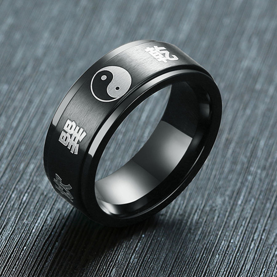 mgsolg 道家真言阴阳太极八卦护身戒指可转动钛钢黑色潮流男指环个性